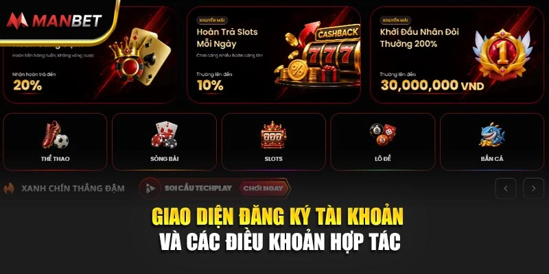 Giao diện đăng ký tài khoản và các điều khoản hợp tác